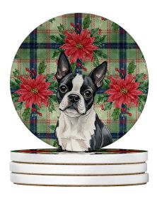 Boston Terrier Christmas PoinsettIas Large Sandstone Coasters Pack of 4 Absorbent Round Coasters Decor Gifts for Men or Women, 4 in, Multicolor