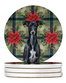 Black Whippet Christmas PoinsettIas Large Sandstone Coasters Pack of 4 Absorbent Round Coasters Decor Gifts for Men or Women, 4 in, Multicolor