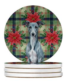 Blue Whippet Christmas PoinsettIas Large Sandstone Coasters Pack of 4 Absorbent Round Coasters Decor Gifts for Men or Women, 4 in, Multicolor