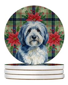 Blue and White Old English Sheepdog Christmas PoinsettIas Large Sandstone Coasters Pack of 4 Absorbent Round Coasters Decor Gifts for Men or Wome