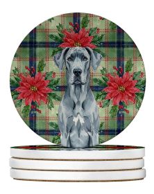 Blue Great Dane Christmas PoinsettIas Large Sandstone Coasters Pack of 4 Absorbent Round Coasters Decor Gifts for Men or Women, 4 in, Multicolor