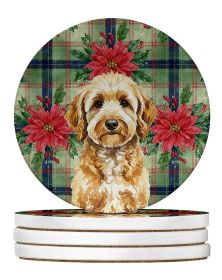 Goldendoodle Christmas PoinsettIas Large Sandstone Coasters Pack of 4 Absorbent Round Coasters Decor Gifts for Men or Women, 4 in, Multicolor