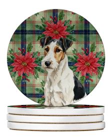 Smooth Fox Terrier Christmas PoinsettIas Large Sandstone Coasters Pack of 4 Absorbent Round Coasters Decor Gifts for Men or Women, 4 in, Multicol