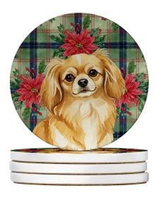 Gold Tibetan Spaniel Christmas PoinsettIas Large Sandstone Coasters Pack of 4 Absorbent Round Coasters Decor Gifts for Men or Women, 4 in, Multic