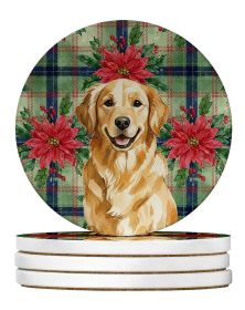 Golden Retriever Christmas PoinsettIas Large Sandstone Coasters Pack of 4 Absorbent Round Coasters Decor Gifts for Men or Women, 4 in, Multicolor