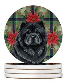 Black Chow Chow Christmas PoinsettIas Large Sandstone Coasters Pack of 4 Absorbent Round Coasters Decor Gifts for Men or Women, 4 in, Multicolor