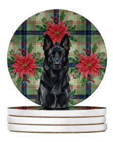 Black German Shepherd Christmas PoinsettIas Large Sandstone Coasters Pack of 4 Absorbent Round Coasters Decor Gifts for Men or Women, 4 in, Multi