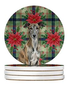 Brindle Greyhound Christmas PoinsettIas Large Sandstone Coasters Pack of 4 Absorbent Round Coasters Decor Gifts for Men or Women, 4 in, Multicolo