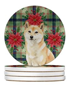 Cream Shiba Inu Christmas PoinsettIas Large Sandstone Coasters Pack of 4 Absorbent Round Coasters Decor Gifts for Men or Women, 4 in, Multicolor