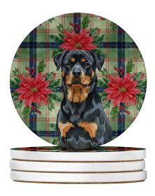 Rottweiler Christmas PoinsettIas Large Sandstone Coasters Pack of 4 Absorbent Round Coasters Decor Gifts for Men or Women, 4 in, Multicolor