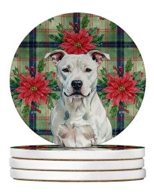 White American Staffordshire Terrier Christmas PoinsettIas Large Sandstone Coasters Pack of 4 Absorbent Round Coasters Decor Gifts for Men or Wom