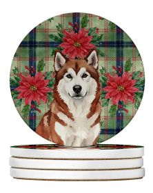 Red and White Alaskan Malamute Christmas Poinsettas Large Sandstone Coasters Pack of 4 Absorbent Round Coasters Decor Gifts for Men or Women, 4 i