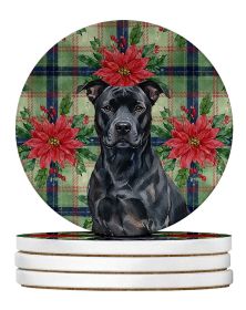 Black American Staffordshire Terrier Christmas PoinsettIas Large Sandstone Coasters Pack of 4 Absorbent Round Coasters Decor Gifts for Men or Wom