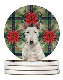White Bull Terrier Christmas PoinsettIas Large Sandstone Coasters Pack of 4 Absorbent Round Coasters Decor Gifts for Men or Women, 4 in, Multicol