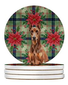 Red Doberman Pinscher Christmas PoinsettIas Large Sandstone Coasters Pack of 4 Absorbent Round Coasters Decor Gifts for Men or Women, 4 in, Multi