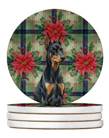 Doberman Pinscher Christmas PoinsettIas Large Sandstone Coasters Pack of 4 Absorbent Round Coasters Decor Gifts for Men or Women, 4 in, Multicolo