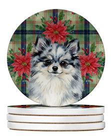 Blue Merle Pomeranian Christmas PoinsettIas Large Sandstone Coasters Pack of 4 Absorbent Round Coasters Decor Gifts for Men or Women, 4 in, Multi