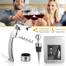 3Pcs Corkscrew Bottle Opener Set Tool Foil Cutter Drip Collar Protector Cork Stopper Wine Bottle Cap Opener (Color: Silver)